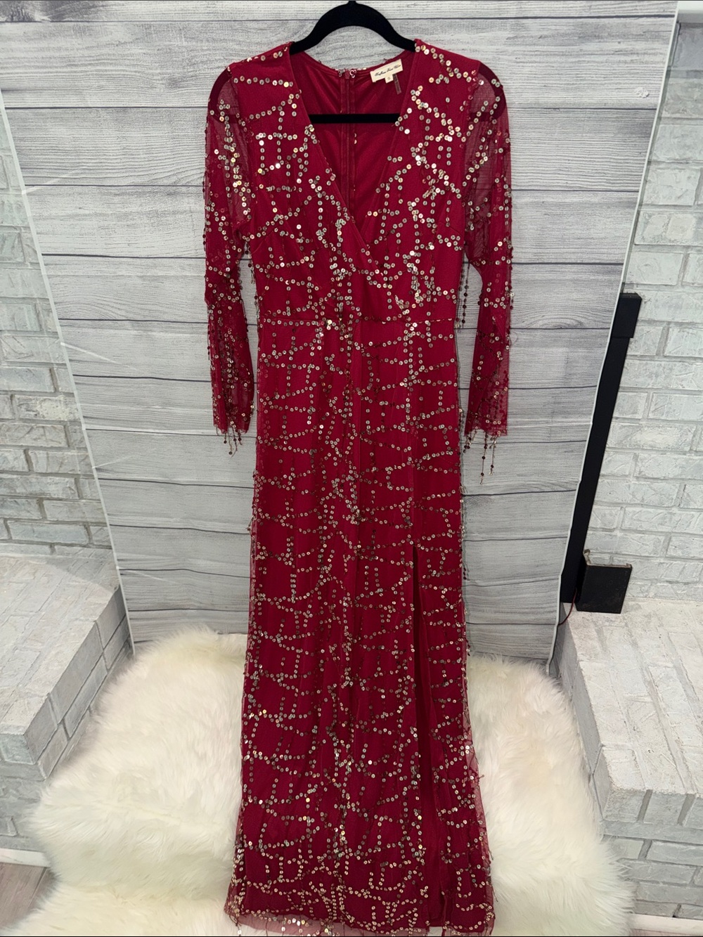 Beaded Burgundy Long Sleeve Evening Dress